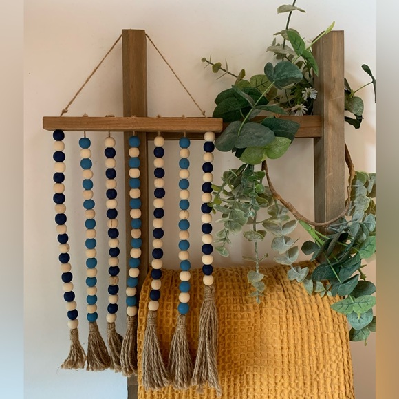 Blue & White Boho Wall Bead Hanging Decor - Picture 1 of 4